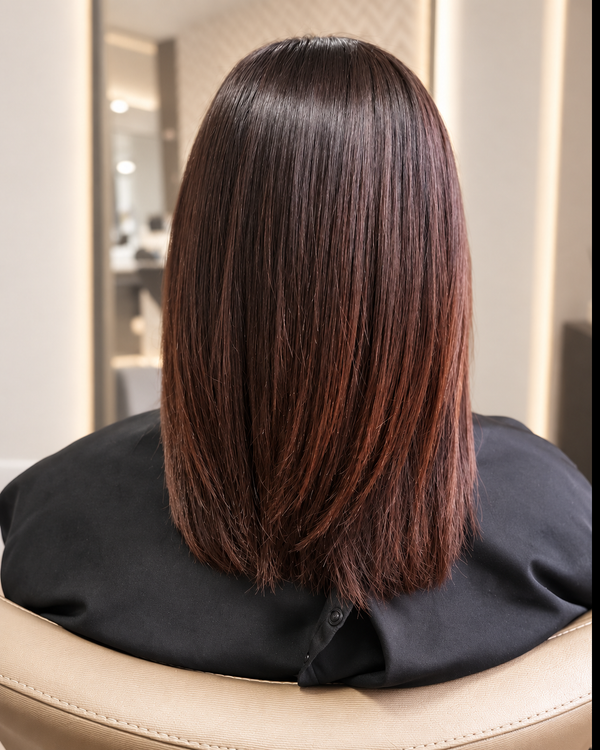Vista de costas do resultado do caso Alisamento A, com cabelo liso até aos ombros.
