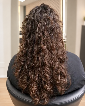 Ponto de partida do caso Alisamento C, com cabelo comprido e encaracolado visto de costas.