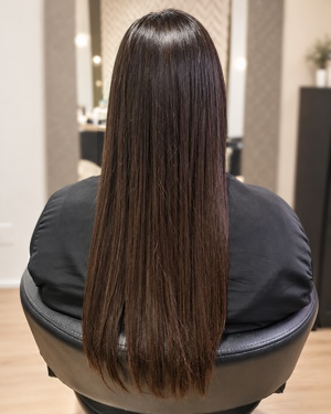 Vista de costas do resultado do caso Alisamento C, com cabelo comprido e liso.